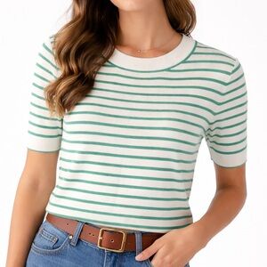 Talbots Green & White Striped Short Sleeve Knit Sweater Top | XL